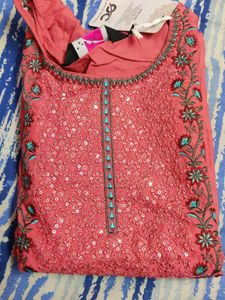 Pink New Kurti With Sequence And Thread Work