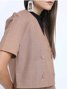 Tan Plaid Cropped Blazer