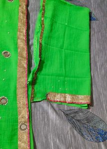New Parrot Green Sari With Unstitched Blouse