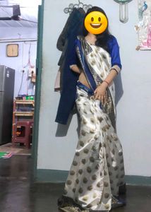 Elegant White Embroidery Saree with Blue Border