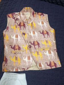 Boys Yellow Kurta with Camel Print Waistcoat