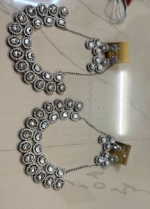 Elegant Silver Kundan Ear Chain&amp;earings(set Of 2)