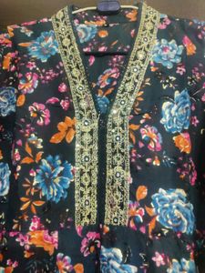 Floral Print Dress with Embellished Neckline