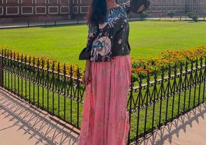 olive green satin top with cotton pink skirt