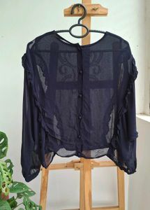ZARA Navy Ruffle Trim Sheer Blouse