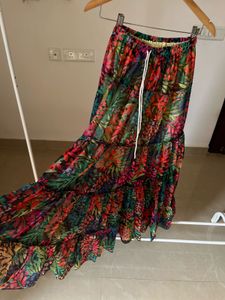 Leafy Print Tiered Chiffon Long Skirt