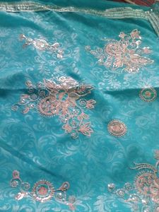 Teal Saree With Sequins Work &amp; Blouse