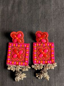 Handmade Pink and Orange Beaded Earrings