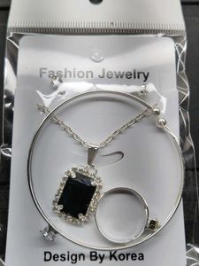 Silver Colorful Gem Pendent, Bracelet &amp; Ring Set