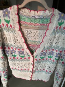 Zara Floral Jacquard Embroidered Knit Cardigan