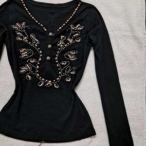 Y2k Black Embellished Long Sleeve Fitted  Top
