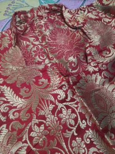 red and off white colour banarasi suit