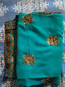 Teal & Gold Embellished Saree