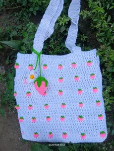 Crochet Strawberry 🍓 Tote Bag With A Cute Charm 🧿