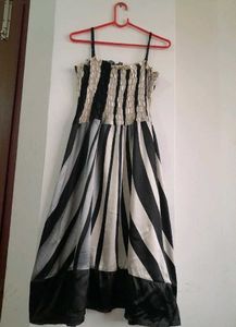 Satin Dress Black & White Strips Women's Partywear