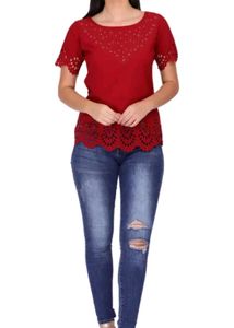 Women Casual Maroon Laser Cut Top