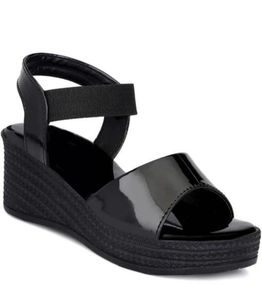 Sleek Black Patent Wedge Sandals