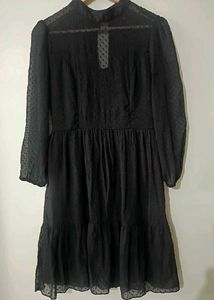 Ruffled Black Knee Length Dress