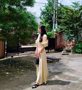 Cottage Core Yellow Cherry Printed Dress (Made In