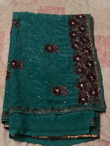 Teal Saare with Maroon Floral Embroidery