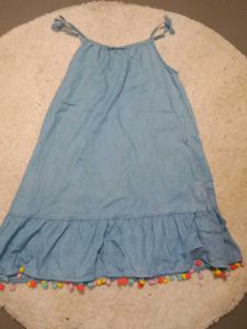 Blue Denim Dress with Pom-Pom Detail