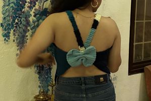 Blue &amp; cream colour blocked top with bows