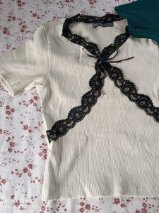 Ribbed Tee with Lace &amp; Bow Detail