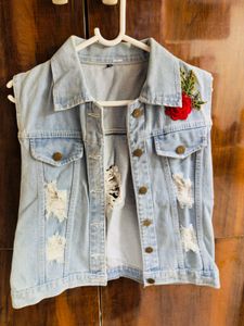 Distressed Denim Vest with Embroidery