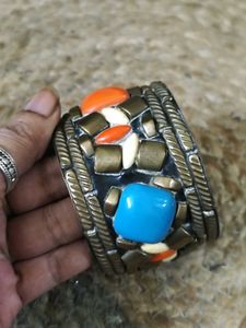 Vintage Pure Brass Stone Cuff Bracelet (Kada)