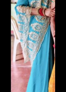 Teal &amp; Gold Embroidered Saree