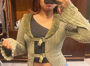 Olive Green Fur Trim Cardigan