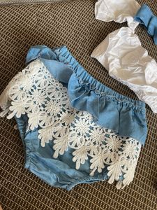 Off Shoulder White &amp; Blue Coord Set With Hairband
