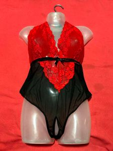 Red &amp; Black Lace Teddy Bodysuit XL