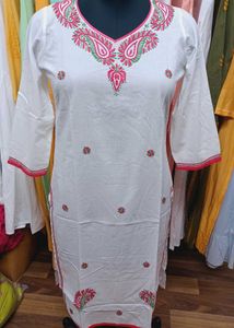 White CHIKANKARI EMBROIDERY KURTI Pink Threads