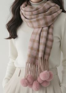 Pink Plaid Pom Scarf