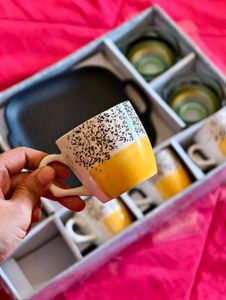 Ceramic cups + Glass bowls + Plastic plate (9 Pcs)