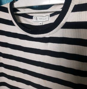 Denim Dress With Black And White Stripes