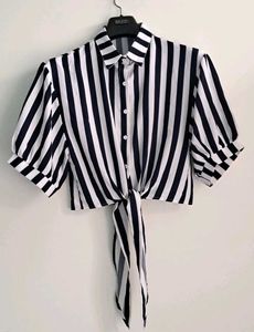 White & Navy Tie-Front Cropped Shirt