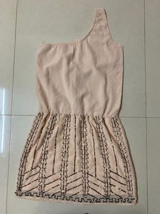 One Shoulder Peach Color Embroidered Dress