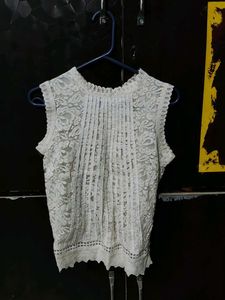 Cream Lace Pleated Tank Top