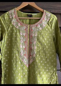Lime green Silk Yoke embroidered kurta