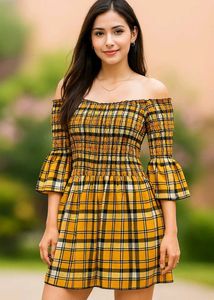 Yellow Plaid Off-Shoulder Dress