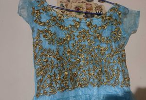 Long Blue &amp; Gold Embroidered Party Dress