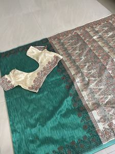 South Silk Saare, Green And Cream Colour Combination