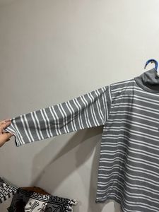 Grey&amp;White Full Sleeve Tshirt With Turtle Neck