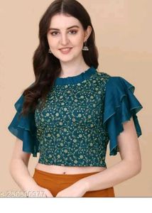 New L Size Floral Ruffle Sleeve Crop Top
