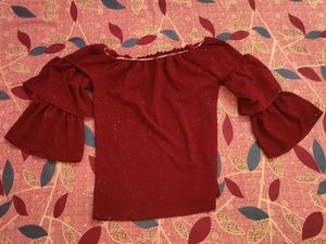 Shimmer Off-Shoulder Ruffle Sleeve Top
