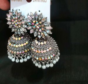 White kundan work Oxidised jhumka