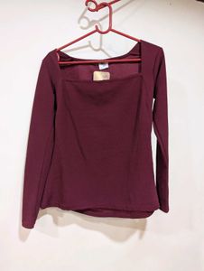Burgundy Square Neck Long Sleeve Top