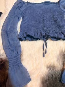 Blue Smocked Crop Top